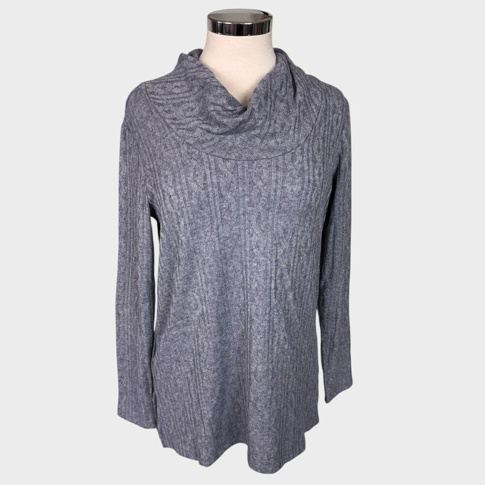 Susan Graver Lifestyle Cable Knit Top Cowl Neck Sweater Gray Blue Small